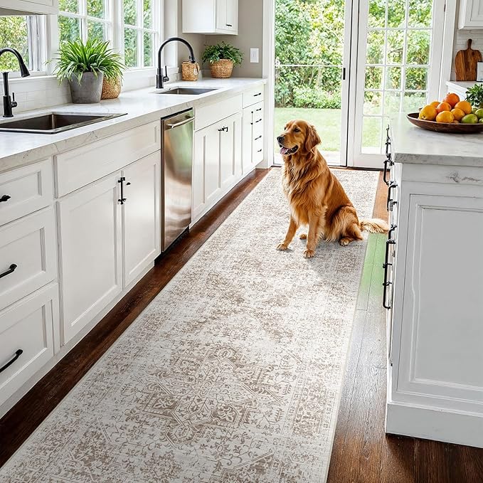 3x15 Washable Hallway Runner Rug - Vintage Kitchen Runners Low Pile Carpet Soft Thin Floor Runner with Rubber Backing for Entryway Living Room Home Decor (Cream/Camel)