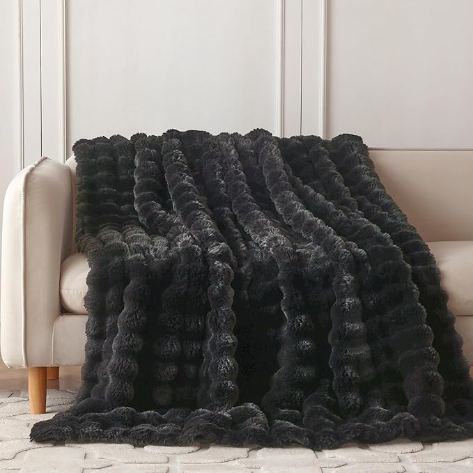 COOVA Faux Fur Throw Blanket for Couch, Cozy Soft and Fuzzy Plush Rabbit Fur Bubble Blanket for Sofa Bedroom Living Room, 50x60 Inches Black