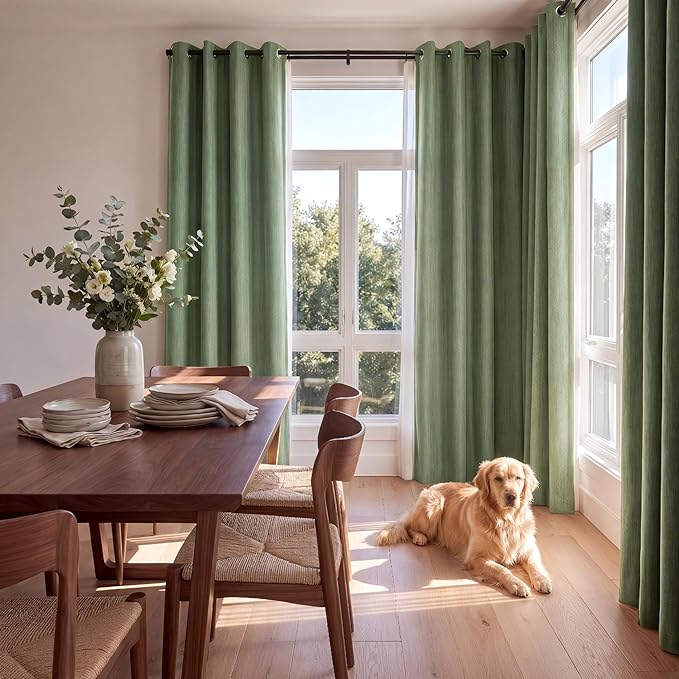 NICETOWN 100% Absolutely Blackout Linen Curtains for Bedroom Living Room, Dark Green, 52" Wide, 2 Pieces, Privacy Thermal Insulated Window Drapes 84" Long for Home Theater Enthusiasts or Gamers