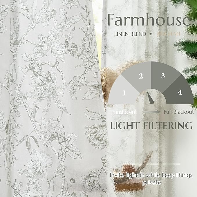 jinchan Floral Curtains 90 Inch Length Charcoal Grey Flower Linen Farmhouse Curtain for Living Room French Country Vintage Curtain Rod Pocket Curtains Set 2 Panels Gray Floral Printed