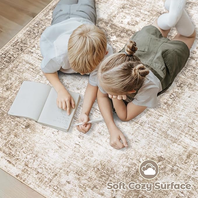 Area Rug 4x6 Washable Rug, Vintage Boho Medallion Rugs Non-Slip Soft Low Pile Distressed Rug Indoor Retro Carpet for Living Room Bedroom Dining Room Home Office (Brown, 4'x6')