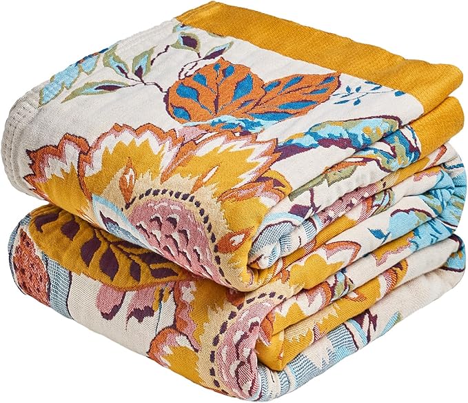 MSGKV Boho Throw Blanket 60"x80" Floral Cotton Blanket for Bed Couch Spring Breathable Lightweight Farmhouse Twin Blankets Home Decor Muslin All Seasons