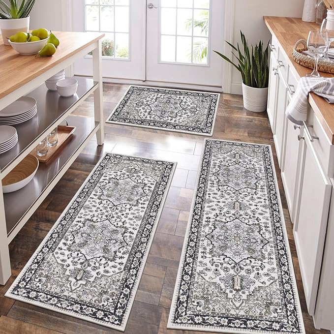 HEBE Boho Kitchen Rug Sets 3 Piece with Runner Non Slip Kitchen Rugs and Mats Washable Kitchen Mats for Floor Thick Kitchen Floor Mat Carpet Runner Rugs for Hallway Laundry Holiday Decor