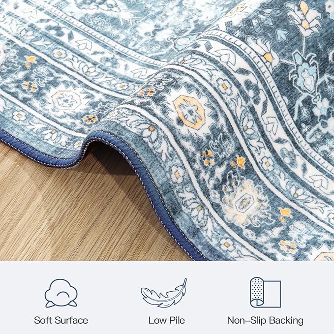 Lofus 9x12 Area Rug for Living Room,Blue Washable Area Rugs with Non-Slip Backing,Soft Boho Carpets for Bedroom Dining Room Home Office Indoor Nursery