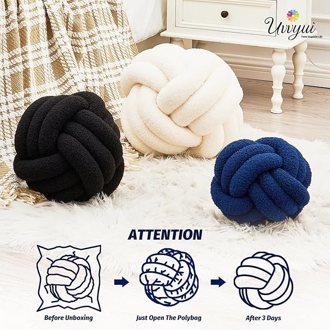 Uvvyui Knot Pillow Ball, Soft Home Decorative Pillows, Round Throw Pillow, Handmade Knotted Plush Pillow, Round Boucle Pillow Cushion (8.6 Inches Navy)