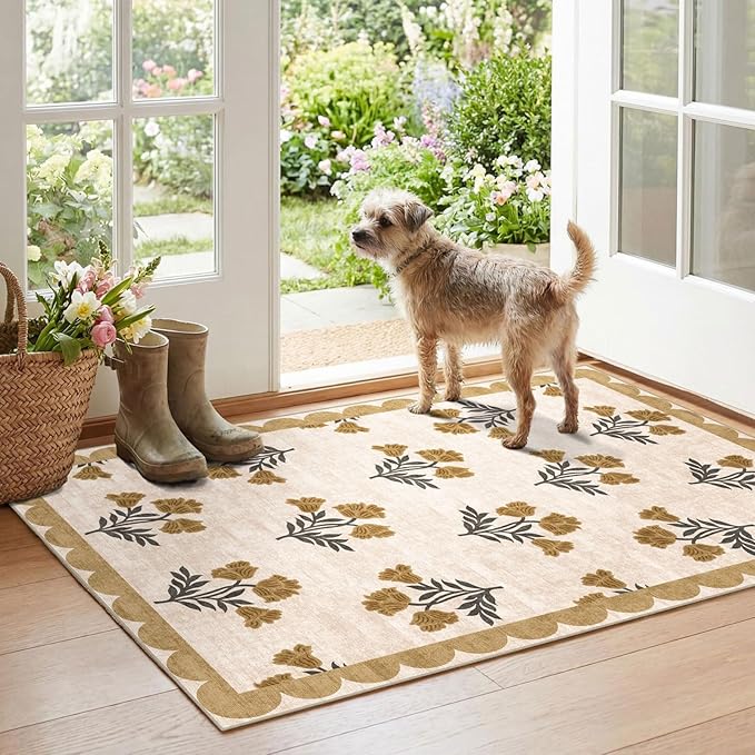 Floral Outdoor Rug - 28" x 43" Front Door Mat Indoor Outside Entrance Non-Slip Washable Outdoor Mat Beige Vintage Farmhouse Rug for Entryway Kitchen Bedroom Layered Doormat for Front Porch