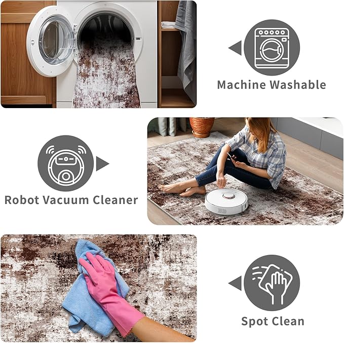 3x16 Washable Runner Rug for Hallway: Extra Long Runners for Entryway Living Room Dining Room - Stain and Water Resistant Rugs with Non-Slip Backing - Soft Low-Pile Carpet Brown Khaki White