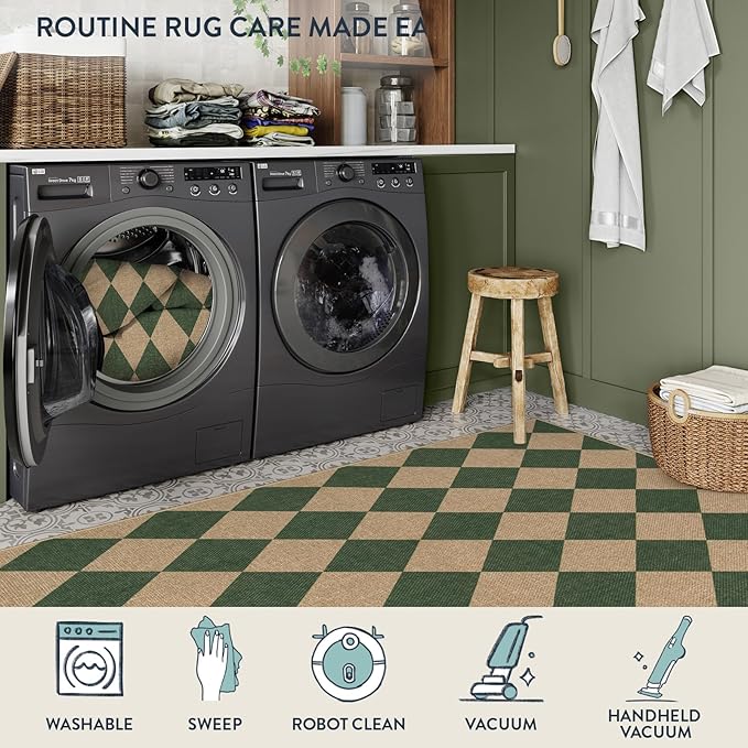 Lahome Colette Checkered Outdoor Rug 5x7, Washable Rug for Living Room Office Indoor Outdoor Carpet, Farmhouse Non Slip Non Shedding Green Carpet for Dining Room Sunroom Patio Courtyard