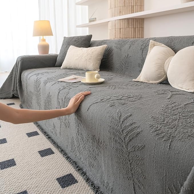 HANDONTIME Washable Couch Covers for Sofa Boho Couch Covers for 3 Cushion Sofa Pet Friendly Grey Chenille Jacquard Couch Protector for Dogs Plant Branch Sectional Cover Sofa Slipcovers, 71" X 134"