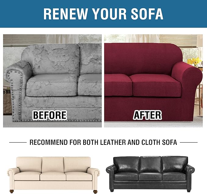 H.VERSAILTEX 4 Piece Stretch Sofa Covers for 3 Cushion Couch Covers for Living Room Furniture Slipcovers (Base Cover Plus 3 Seat Cushion Covers) Upgraded Thicker Jacquard Fabric (XL Sofa, Burgundy)