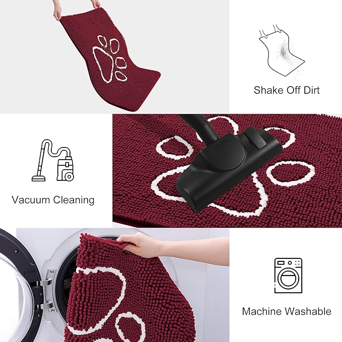 Smiry Dog Door Mat for Muddy Paws, Absorbent Dirt Trapper Non Slip Quick Dry Washable Chenille Mat for Mud Dogs, Entry Rug for Indoor and Outdoor (30x20 Inches, Burgundy and White)