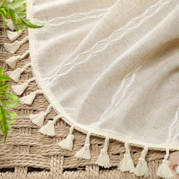 Boho Light Filtering Curtains 63 Inches Long Beige Linen Blend 2 Panels with Tassels and Cotton Embroidery, Farmhouse Vintage Rustic Rod Pocket Drapes for Living Room or Bedroom