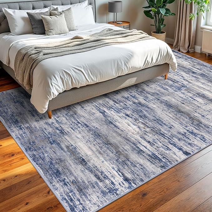 KOZYFLY Rugs for Living Room 8x10 Modern Ombre Living Room Area Rug, Washable Large Thin Rugs Non-Slip Soft Striped Rug for Bedroom, Print Grey-Blue Abstract Carpet for Laundry/Kid Room