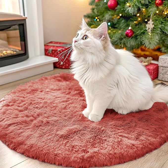 OLANLY Rust Red Round Rugs for Bedroom - Machine Washable, 2 ft Circle Area Rugs for Living Room, Soft and Fluffy Shaggy Carpet for Teen Girl and Boys, Nursery Rooms, Dorms, Home Decor Aesthetic