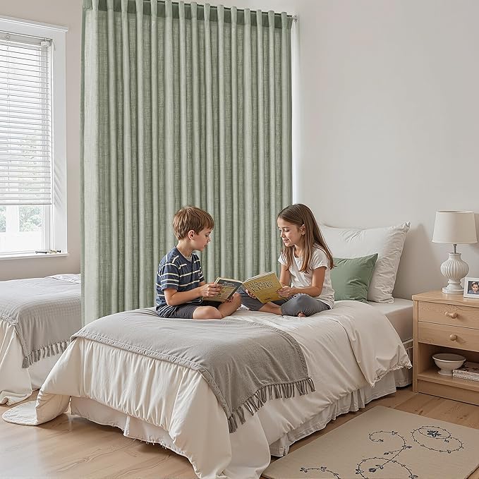 Extra Wide 100x96 Inch Linen Curtains for Living Room Divider Light Filtering Semi Sheer Patio Curtains for Sliding Door Sage Green Coastal Decor Sunroom Floor to Ceiling Window Curtain Panel