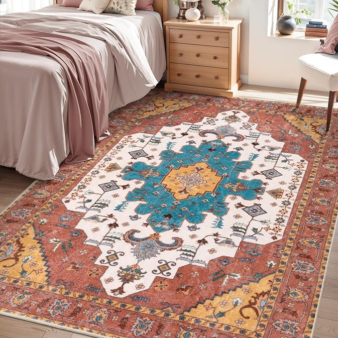 SERISSA Area Rug 4x6 Boho Rugs for Bedroom, Vintage Orange Washable Non Slip Rug, Ultra Soft Print Distressed Low-Pile Throw Rug Carpet for Nursery Dorm Kitchen Living Room Decor