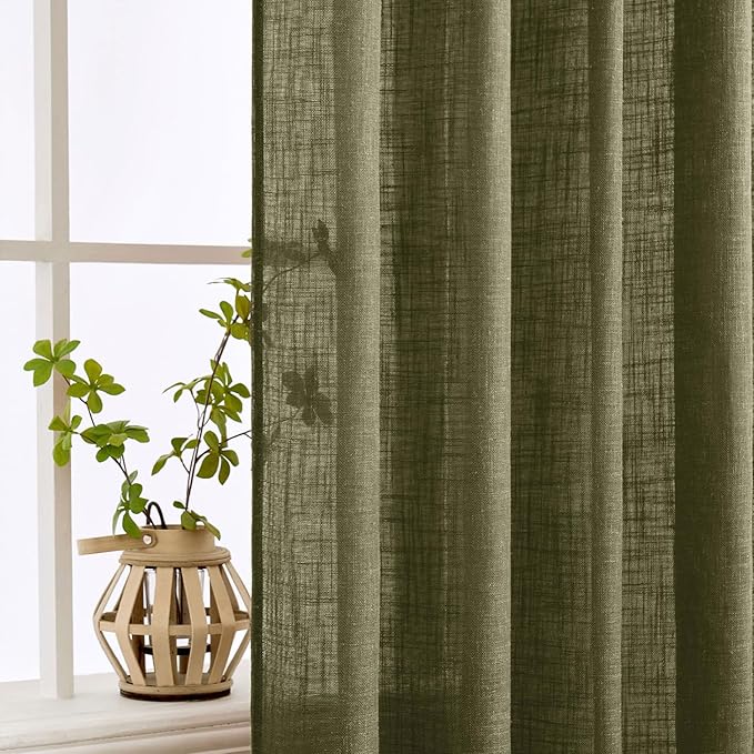 MIULEE Light Olive Green Linen Curtains 90 Inch Long 2 Panels for Bedroom Living Room, Soft Linen Textured Natural Window Drapes Semi Sheer Light Filtering Back Tab Rod Pocket Burlap Look Decor