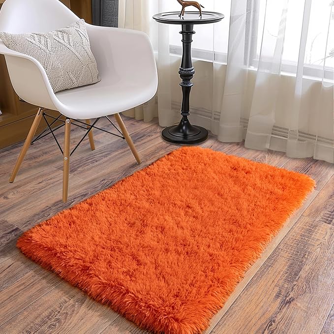 Soft Runner Rugs for Bedroom Hallways, 2x3 Orange Fluffy Shag Throw Area Rug Non Slip for Bedside Dorm, Long Shaggy Furry Carpet for Nursery Living Room