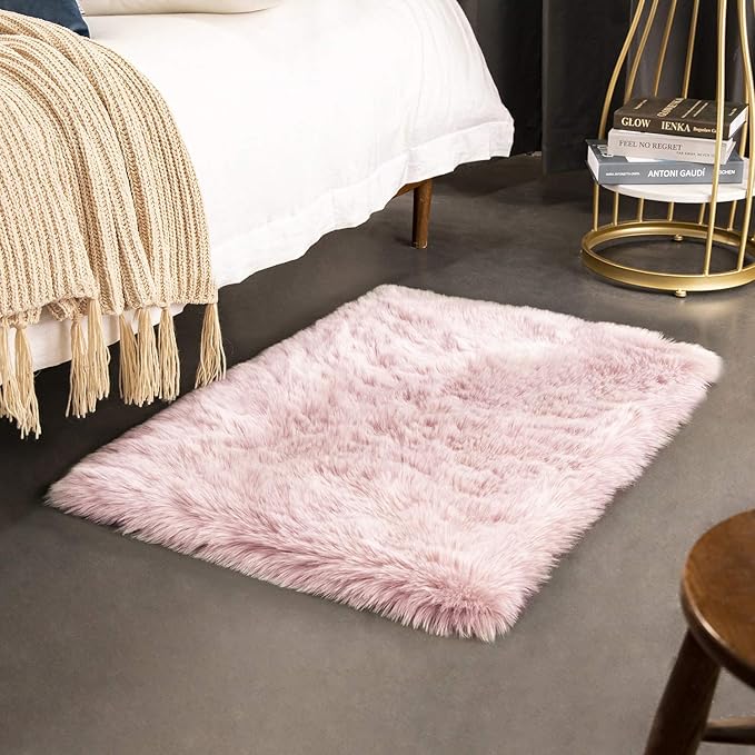 Ashler HOME DECO Soft Fox Faux Fur Chair Couch Cover Area Rug for Bedroom Floor Sofa Living Room Pink White Rectangle 2 x 3 Feet