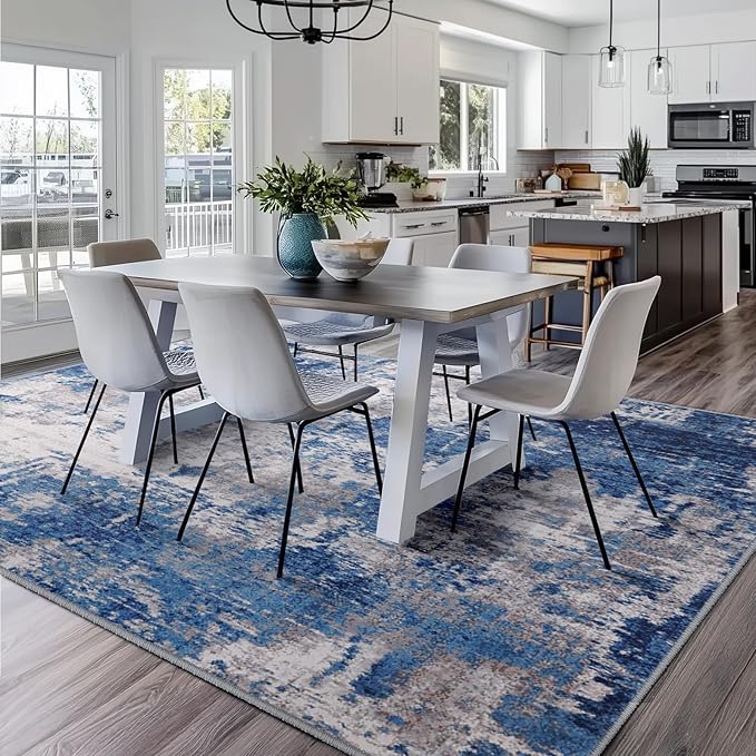 Washable Area Rugs Square 8ft Non-Slip Modern Abstract Soft for Living Room Entryway Bedroom Nursery, Print Pattern, Blue Grey Navy Gray