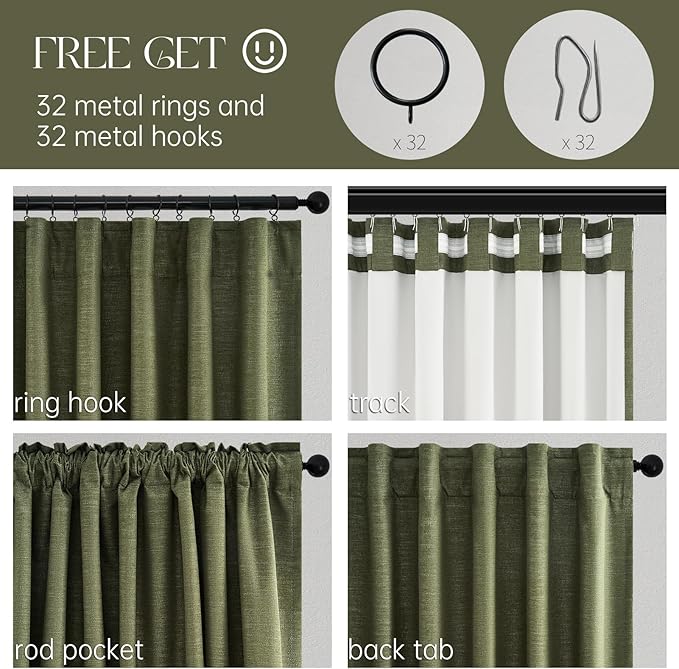 Topfinel Dark Green Curtains 86 Inches Long 2 Panels Set 100% Blackout Linen Curtains for Living Room Heat Preservation Vintage Drapes for Bedroom Back Tab Pleated (Olive,2Panels W52 xL86)