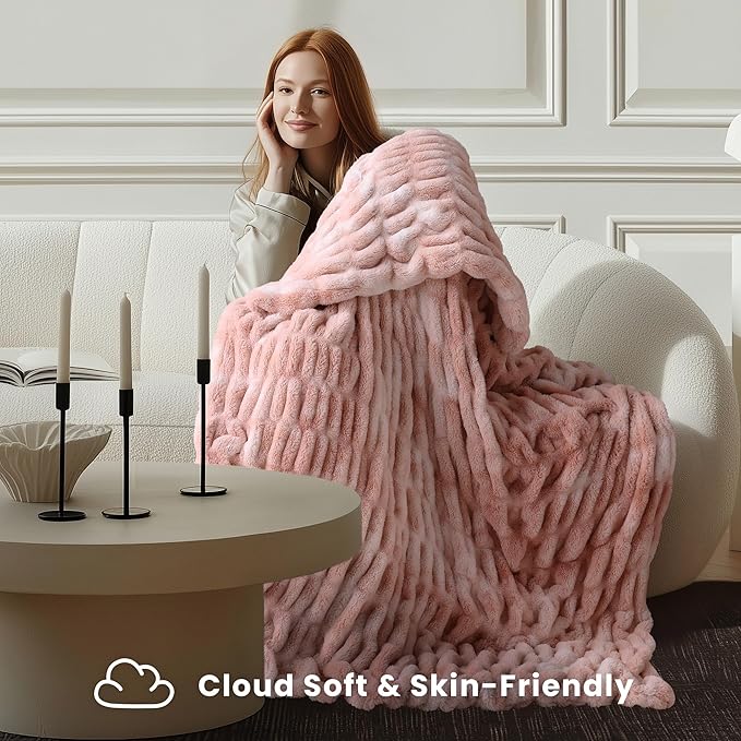 Ultra Soft Cozy Faux Fur Throw Blanket, Fuzzy Plush Thick Bubble Blanket, Oversize Luxury Fluffy Blanket for Couch, Sofa, Bedroom, and Living Room,50x60 Inches,Double Sided Tie-Dye Pink