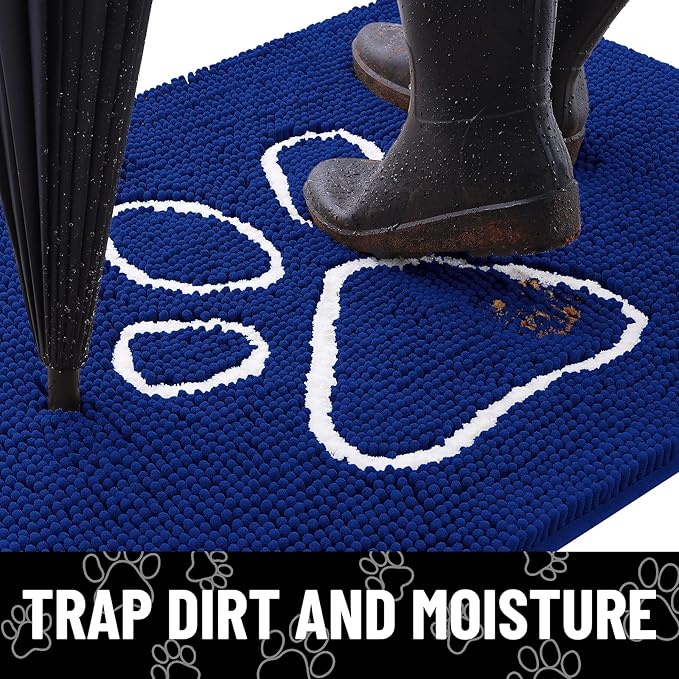 Smiry Dog Door Mat for Muddy Paws, Absorbent Dirt Trapper Non Slip Quick Dry Washable Chenille Mat for Mud Dogs, Entry Rug for Indoor and Outdoor (30x20 Inches, Royal Blue and White)