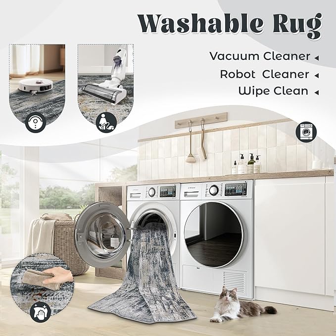 5x7 Area Rugs for Living Room, Washable Modern Abstract Large Area Rug Neutral Soft Non Slip Kids Rug Stain Resistant Indoor Carpet for Bedroom Nursery Dining Room Playroom(BlackGreyGold,5'x7')