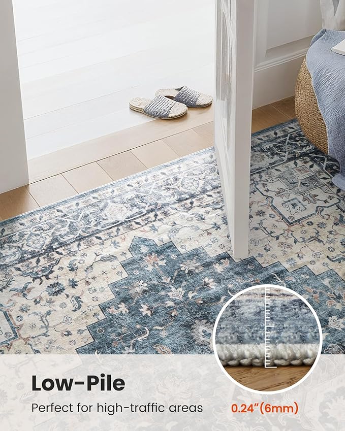 AMADA HOMEFURNISHING 8x10 Washable Area Rug, Low-Profile with Non-Slip Backing & Durable Edge Binding, Vintage Large Rugs for Living Room, Bedroom, Dining Room, Blue