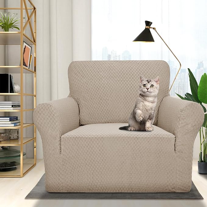 ZNSAYOTX 1 Piece Jacquard Chair Slipcovers for Living Room High Stretch Chair Covers with Arms Anti Slip Pets Friendly Couch Sofa Armchair Cover Furniture Protector (Chair, Khaki)