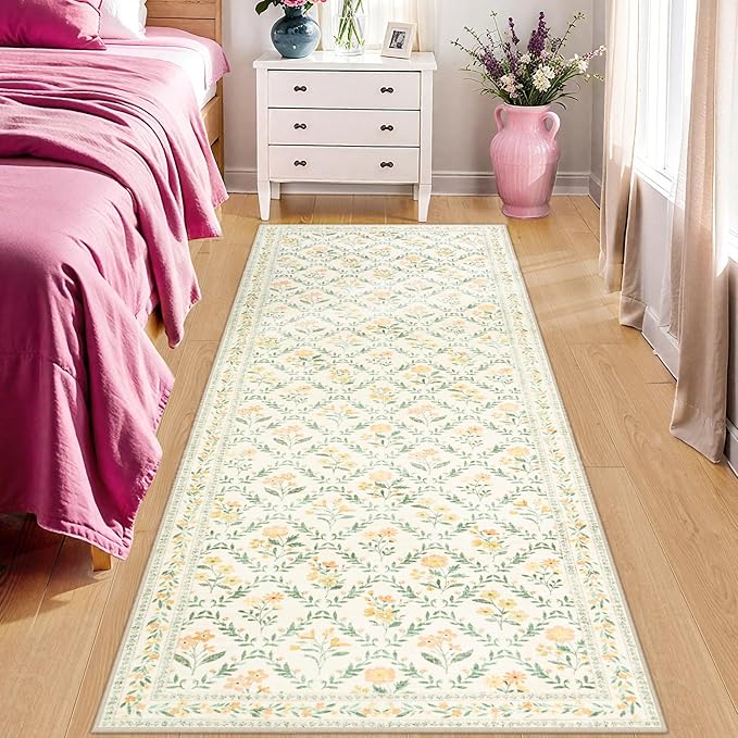 Runner Rug for Entryway: 2.6x8 Kitchen Rugs Non Slip Washable Ultra-Thin Soft Floral Carpet Indoor Floor Stain Resistant Carpets for Hallway Bedroom Kitchen Laundry Bathroom Dorm Beige/Multi