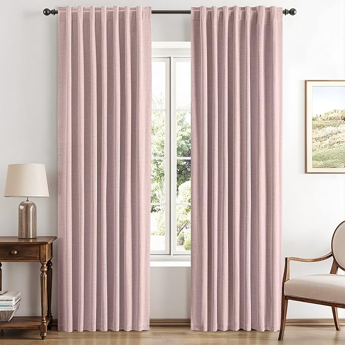 MIULEE 100% Blackout Linen Curtains for Bedroom, Pink Solid Luxury Decor Thermal Insulation Room Darkening Drapes for Living Room Nursery Back Tab Rod Pocket 42 x 72 Inches, 2 Panels