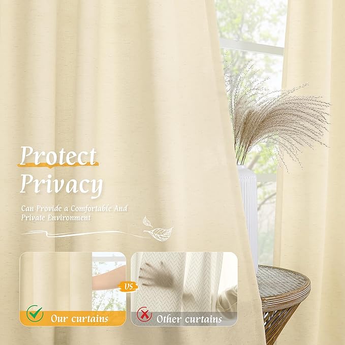 LAMIT Beige Linen Window Curtains 72 Inch Length 2 Panels, Thick Linen Textured Light Filtering Rod Pocket Burlap Boho Neutral Privacy Drapes for Bedroom/Living Room, Beige, 52 x 72 Inch