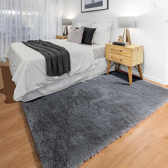 ONASAR Grey 3x5 Rugs for Bedroom, Fluffy Gray Bedside Area Rug, Ultra Soft Shaggy Fuzzy Plush Small Floor Carpets for Living Room College Dorm Teen Kids Boys Home Decor Aesthetic