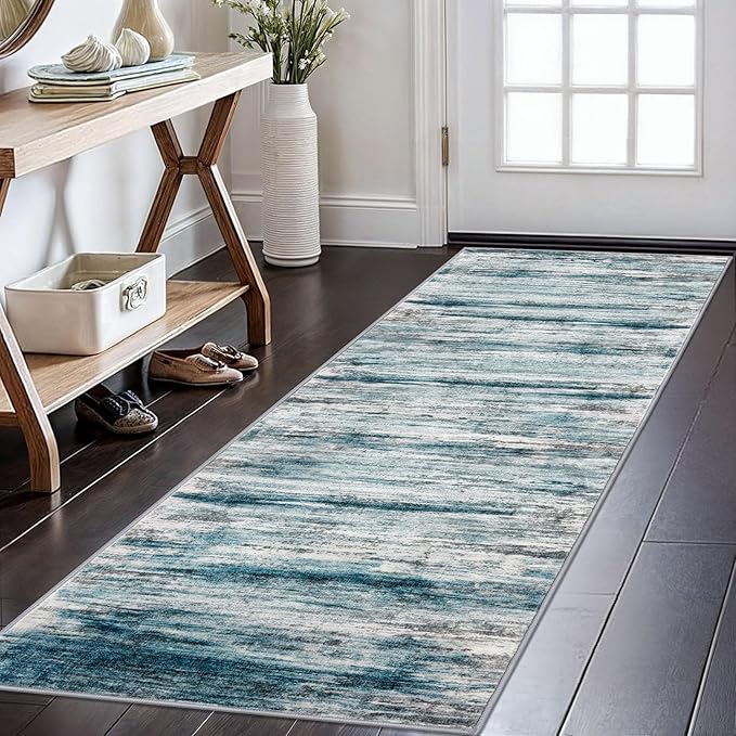 KOZYFLY Modern Abstract Hallway Runner Rug, 2x6 Washable Rug Runner Non-Slip Soft Striped Kitchen Runner Rugs, Print Blue Carpet Runner for Entryway Bathroom Laundry Room Foyer