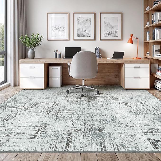 Rugflix 9x12 Washable Area Rugs, Neutral Boho Carpet Living Room Rug Non Slip Stain Resistant, Large Area Rug for Indoor Bedroom Dining Room Office, Blue/Grey