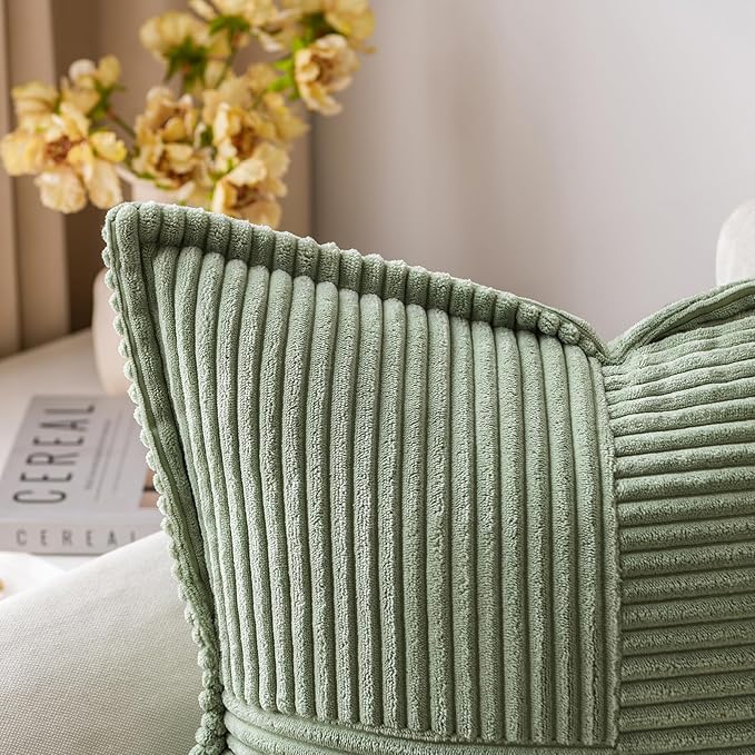 MIULEE Decorative Euro Sham Throw Pillow Covers for Couch Bed Livingroom 24x24 Inch Set of 2 Light Olive Green Boho Accent Throw Pllows Broadside Striped Patchwork Soft Corduroy Summer Pillowcases