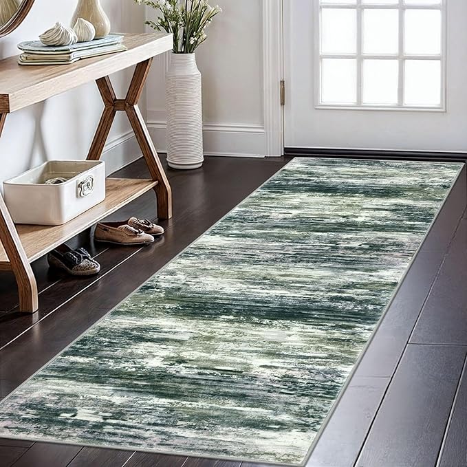 KOZYFLY Modern Abstract Runner Rugs 2x6 Green Yellow Machine Washable Area Rug for Bedroom Non-Slip Living Room Rug, Faux Wool Soft Low Pile Office Carpet for Dining Room, Bedroom, Kitchen Bathroom