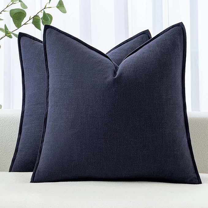 MIULEE Decorative Linen Euro Sham Pillow Covers 22x22 Inch Navy Boho Farmhouse Neutral Couch Throw Pillows for Bed Pack of 2 Accent Modern Pillowcase Summer Sofa Livingroom Home Decor
