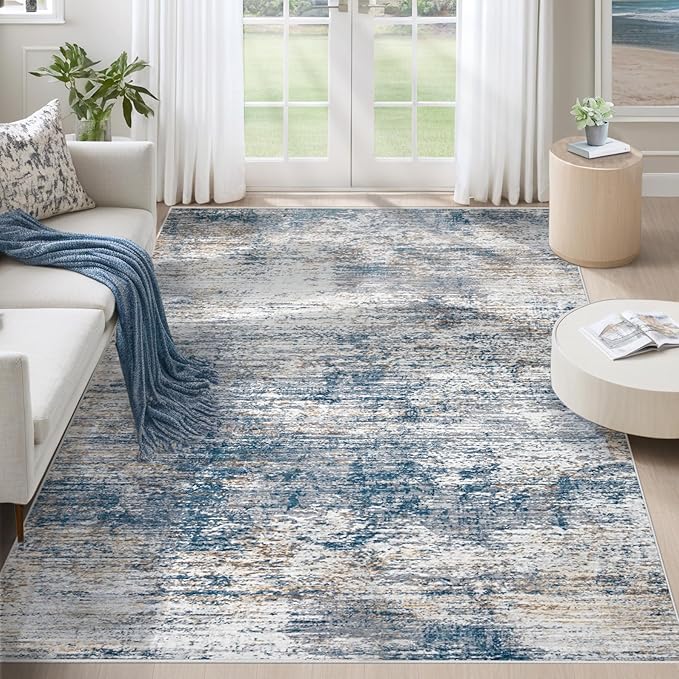 XLUEZ 5x7 Area Rugs for Living Room, Washable Modern Abstract Large Area Rug Neutral Soft Non Slip Kids Rug Stain Resistant Indoor Carpet for Bedroom Nursery Dining Room Playroom(BlueWhite, 5'x7')