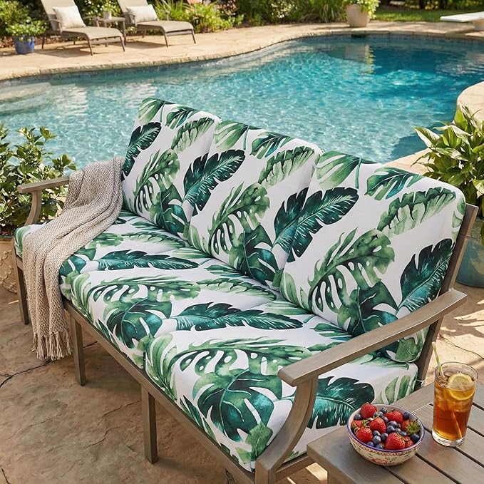hyha Printed Couch Cushion Covers, Floral Sofa Covers Washable for 2 Cushion Couch, Stretch Pattern Outdoor Cushion Covers for Patio Furniture with Elastic Bottom(2 Packs, Monstera Deliciosa)