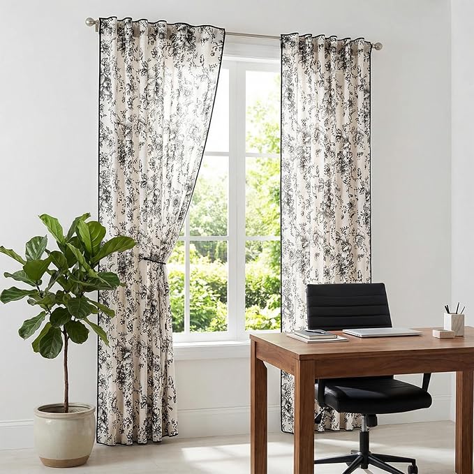 jinchan Linen Blend Floral Curtains French Country Curtain for Living Room 84 Inch Length Black Printed Curtain Rod Pocket Back Tab Farmhouse Peony Flower Patterned Drapes Window Curtains Set 2 Panels