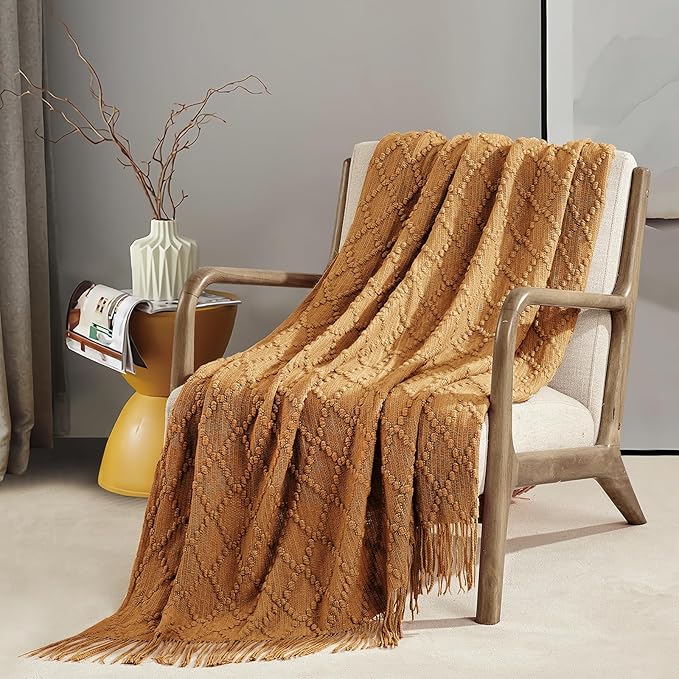 BOURINA Almond Throw Blanket 50 x70 Inches Jacquard Argyle Throw Textured Solid Soft Throws and Blankets for Sofa or Bed Knitted Decorative Blanket