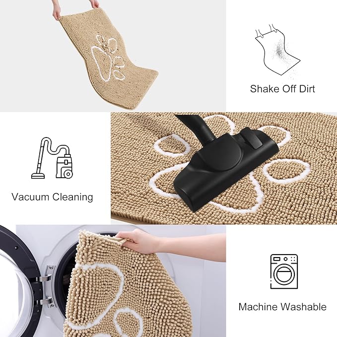 Smiry Dog Door Mat for Muddy Paws, Absorbent Dirt Trapper Non Slip Quick Dry Washable Chenille Mat for Mud Dogs, Entry Rug for Indoor and Outdoor (24x16 Inches, Beige and White)