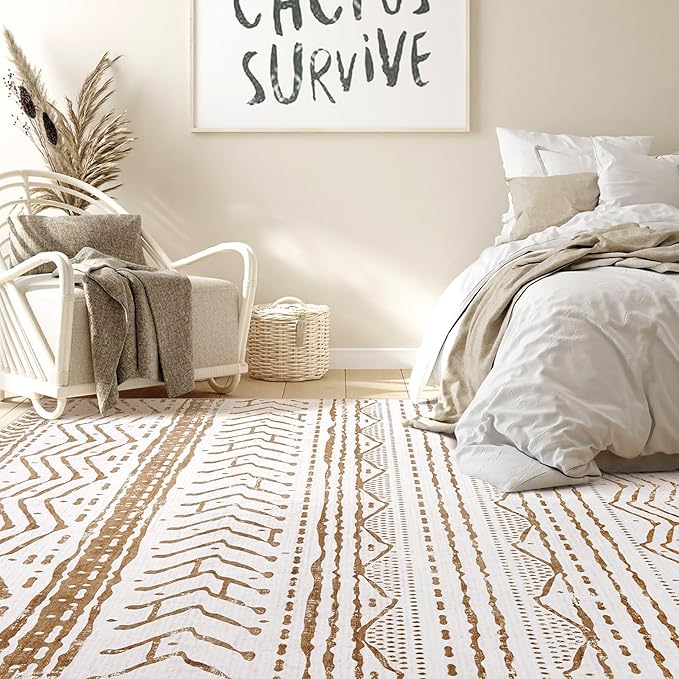 Nakagishi Area Rugs 8x10 Living Room: Washable Boho Large Neutral Soft Farmhouse Rug Stain Resistant Modern Geometric Indoor Floor Carpet for Bedroom Nursery Playroom Office Dining Room- Brown White