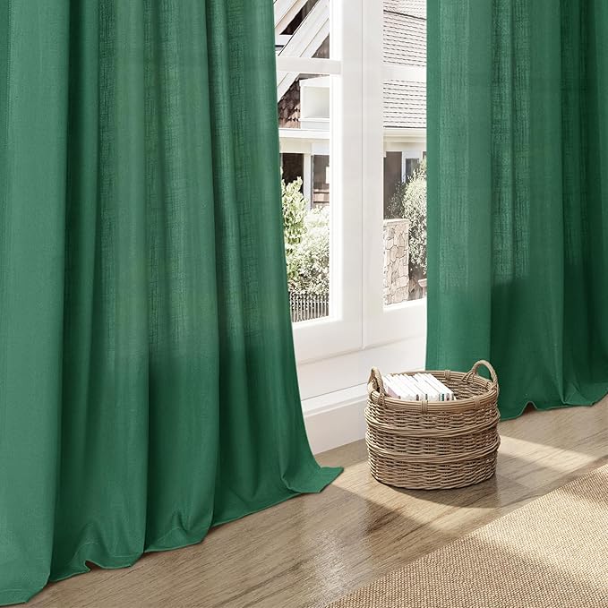 Dark Green Linen Curtains 90 Inch Long 2 Panels Set for Bedroom Living Room Emerald Green Linen Textured Window Drapes Semi Sheer Light Filtering Rod Pocket Back Tab Farmhouse Curtain 52x90