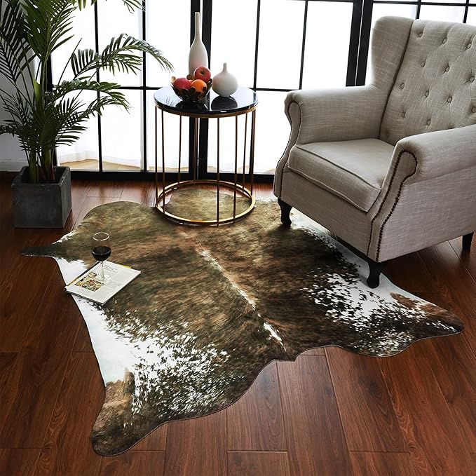 AROGAN Premium Faux Animal Rug, Sturdy and Large Size Animal Print Rugs, Suitable for Bedroom Living Room Western Decor, Faux Fur Animal Cow Hide Carpet, Saddle Brown Cowhide，5.2 x 6.2 Feet
