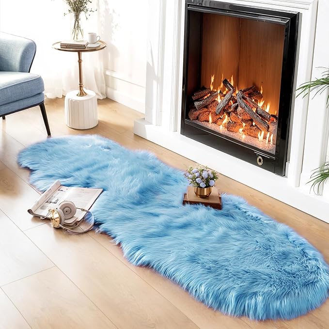 Ciicool Ultra Soft Faux Sheepskin Fur Rug Fluffy Rug for Bedroom Fuzzy Carpet for Living Room Kid's Room Nursery Decor, Sky Blue 2 x 6 Feet