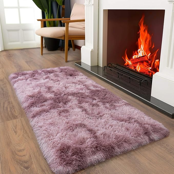Soft Runner Rugs for Bedroom Hallways, 2x4 Tie-Dyed Grey Purple Fluffy Shag Throw Area Rug Non Slip for Bedside Dorm, Long Shaggy Furry Carpet for Nursery Living Room