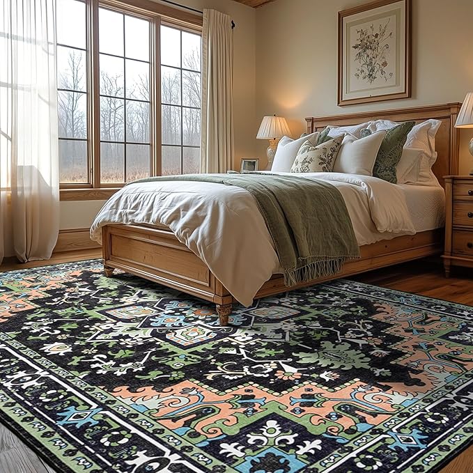 5x7 Area Rugs, Vintage Washable Area Rug for Living Room, Floral Boho Area Rugs for Bedroom, Office, Non-Slip Colorful Rug, Traditional Vintage Style, Plush Low-Pile Soft Carpet, Dark Green